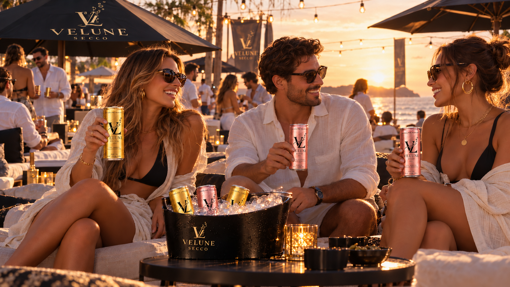 Erwachsene mit VELUNE Dosen in einer Strandlounge mit Eiskübel – KI-generiertes Motiv