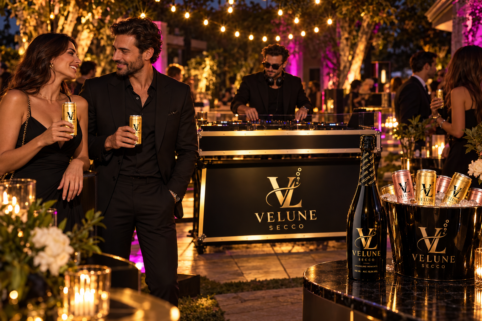 Erwachsene mit VELUNE Dosen vor einem DJ-Pult mit goldenem Logo, daneben Flasche und Eiskübel – KI-generiertes Motiv